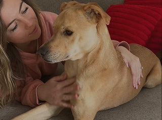 Woman sitting with tan dog and holding it close during quiet moment
